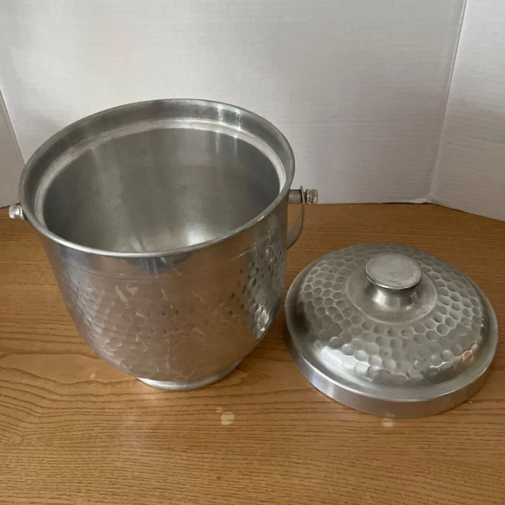 Vintage MCM Ice Bucket Nasco Italy Hammered Aluminum w Lid & Handle Retro Decor
